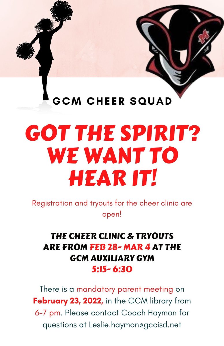 GCMPatriotCheer's tweet photo. If you were planning on attending the pre-tryout meeting there has been a change! Please read the new flyer and we hope to see you there!! https://t.co/Ap5ZqMKXHp