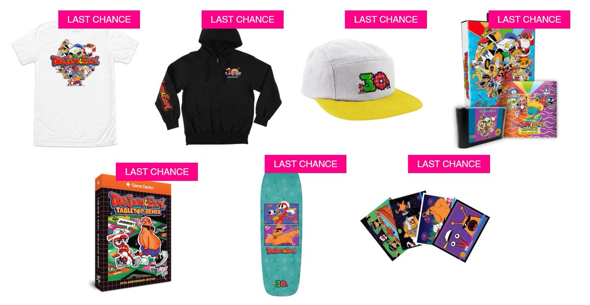 🚨 LAST CHANCE ALERT 🚨

This is the FINAL WEEK to grab our 30th Anniversary goodies from <a href="/LimitedRunGames/">Limited Run Games</a>!

When this is gone I don't wanna hear any excuses like "oh I had to take my grandmas cat to the optometrist that week, do you have any extras?" 😒

bit.ly/TJE30thMerch