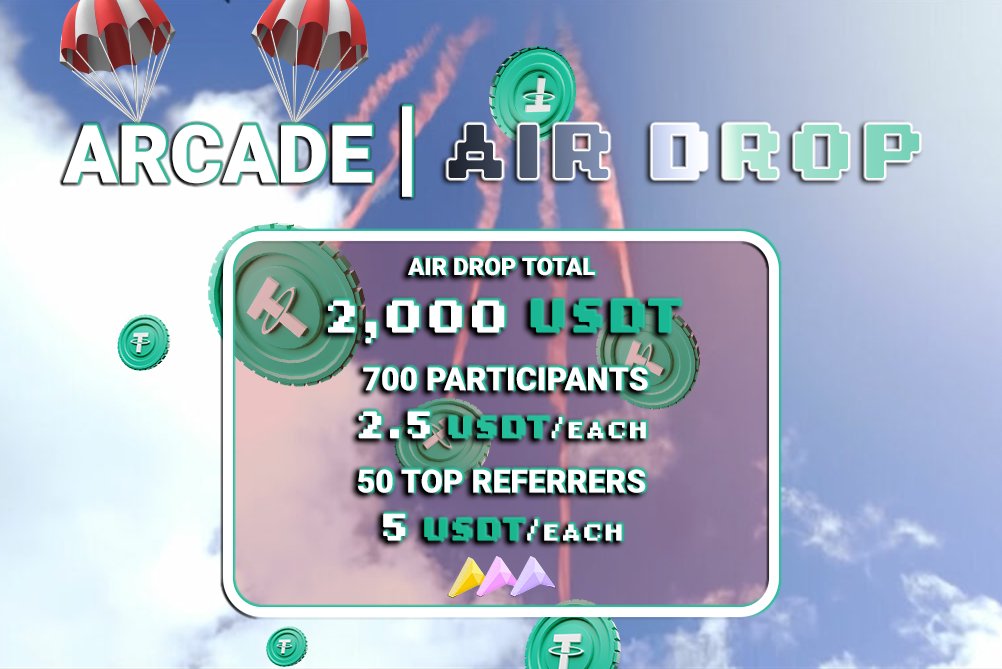 📣#Arcade #airdrop is live now! 

🎉Airdrop Total: 2,000 USDT
🔸2.5 USDT/each to 700 random participants
👫5 USDT/each to 50 top referrers

👉Use our airdrop bot in Telegram: t.me/Arcade_Airdrop…

🗓Airdrop End: 26th February
🗓Airdrop Distribution: within 7 Days of airdrop