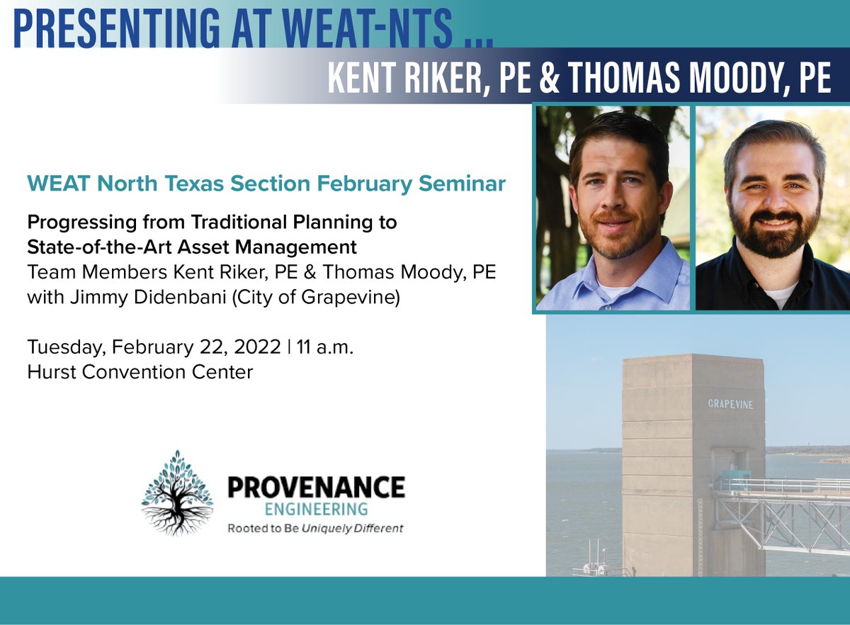 ProvenanceEng's tweet photo. Coming up on Tuesday, Kent Riker and Thomas Moody present with the City of Grapevine at the @weatxorg February Seminar. Only a few days left to register.
#rootedPE
#ProvenanceEngineering
#WEAT
#wef
#assetmanagement
#conditionassessment https://t.co/zOQNuR2o5a