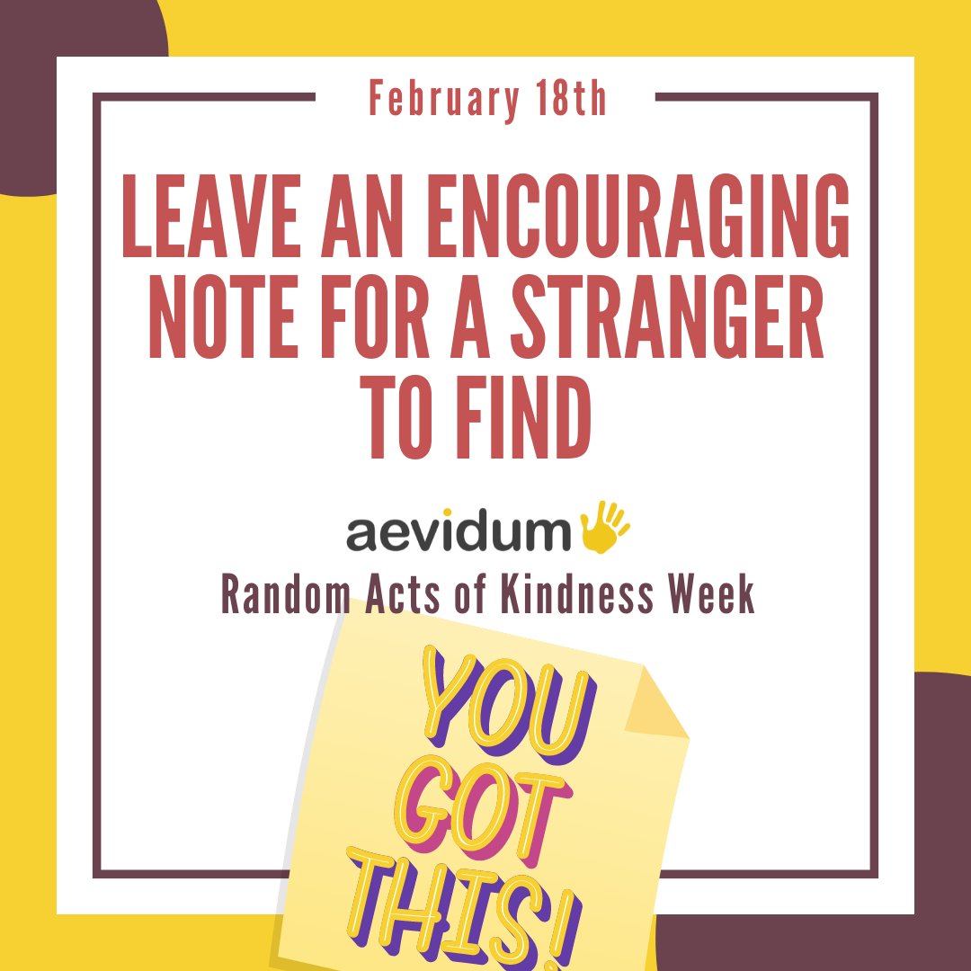 aevidum's tweet photo. Tomorrow's #RandomActsofKindnessWeek challenge is to leave an encouraging note for a stranger.
Show us your note to win some Aevidum swag.
#aevidum #gotyourback #mentalhealth #suicideprevention #endthestigma #kindness #contest #prizes #randomactsofkindness #positivenotes https://t.co/vFT4GRnYvL