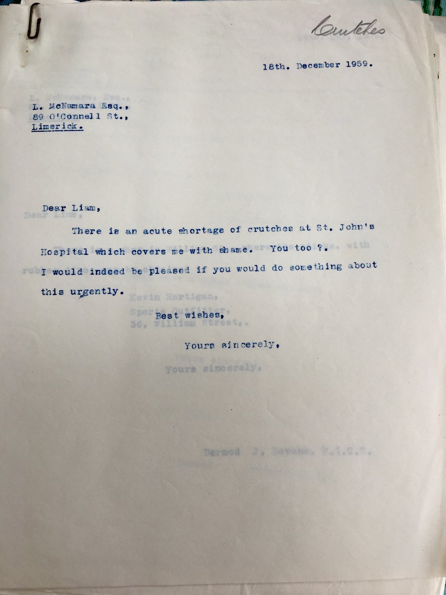 SarahFitzWiMIN's tweet photo. My grandfather was a young surgeon in Limerick in the 1950s. Going through his letters to hospital management shows how little has changed in healthcare in Ireland:

"There is an acute shortage of crutches at St John's Hospital which covers me with shame. You too?" https://t.co/EyM53zOU0H