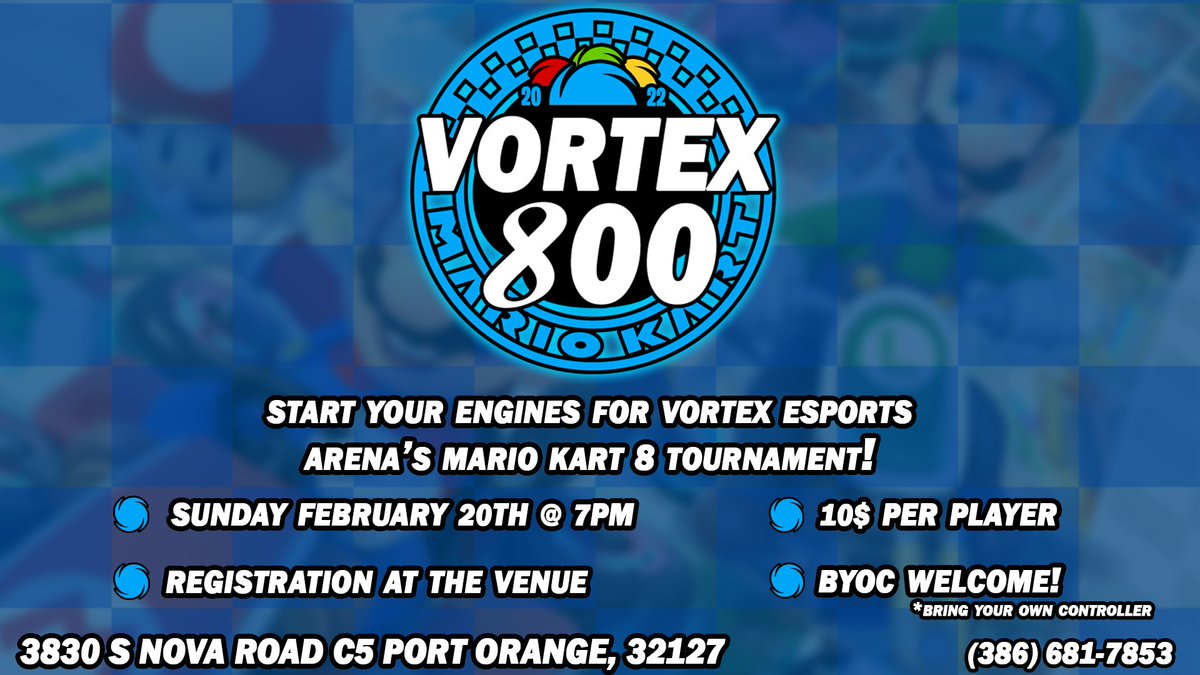 Vortex_EA's tweet photo. Start your engines! Our Mario kart 8 tournament is this Sunday at 7pm. Entry is $10 per person, winners will receive a cash prize! ๐
#VortexEA #Daytona500 #DaytonaBeach #PortOrange https://t.co/mXN9wMzfDi