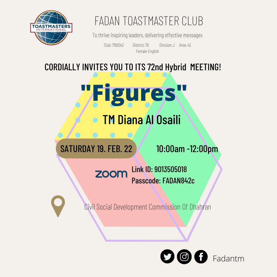 fadantm's tweet photo. Fadan TMC is happily inviting you to its 72nd hybrid meeting 🤩

When: Saturday  19 Feb 2022, 10:00 am 🌞🎙

On-site location 📍
https://t.co/LXItwMziMk

Zoom link 
https://t.co/gUUDLNkbj2
Meeting ID: 901 350 5018
Passcode: FADAN842c

See U there 🥰

#publicspeaking #toastmasters https://t.co/eTyNrItEUP
