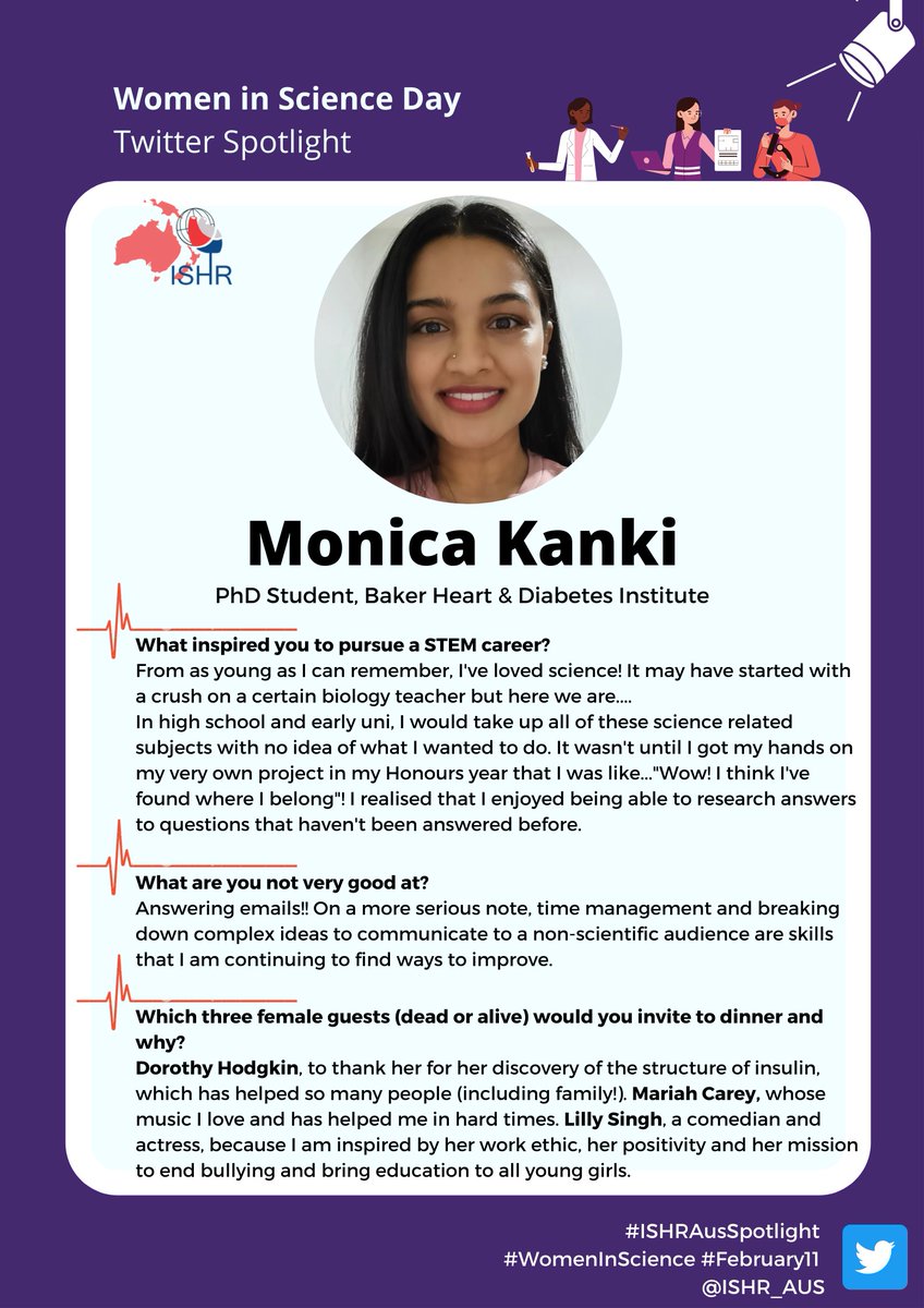 Last but not least we have @KankiMonica as our up & coming #WomenInScience ! A #PhD candidate in @moragjyoung 's laboratory in @BakerResearchAu - she investigates the role of mineralocorticoid receptors on cardiac circadian rhythms in settings of HF. #IDWGS #CardioTwitter
