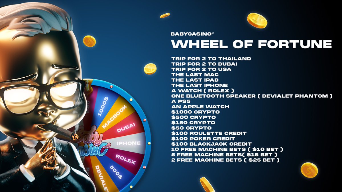 Our Holders will be able to spin the Wheel of Fortune every month and try to win trips around the world, Rolex, iPhone and many other gifts! 🎁

➡️ 2 WL to win here
1) Follow <a href="/babycasinonft/">BABY CASINO</a> 
2) Retweet and tag 2 people
3) Join discord.gg/babycasino