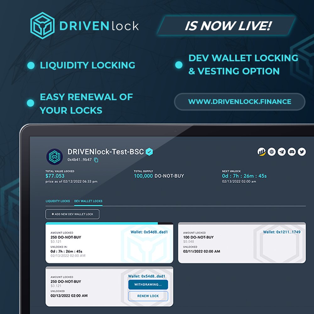 We are overjoyed to announce that DRIVENlock is now live!🔒🥂

Make sure to check it out and inform everyone in the crypto space about our new amazing liquidity platform!❤️

drivenlock.finance

#DRIVENlock #DRIVENecosystem