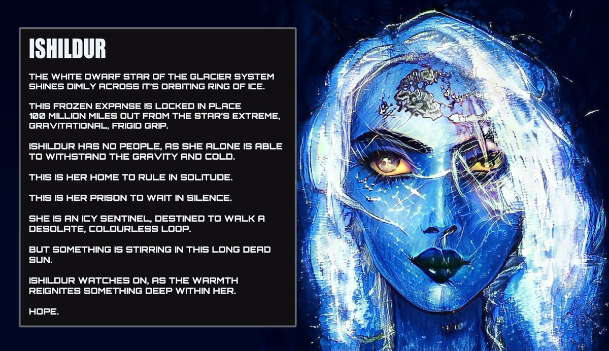 #GalaxyPortraits Ishildur 

"The white dwarf star of the glacier system shines only across its orbiting ride of ice... " 

- Cred <a href="/StemzFitness/">Stemz Fitness</a> 

#Vechain #VNFT #NFTcommunity #VeFam #VET