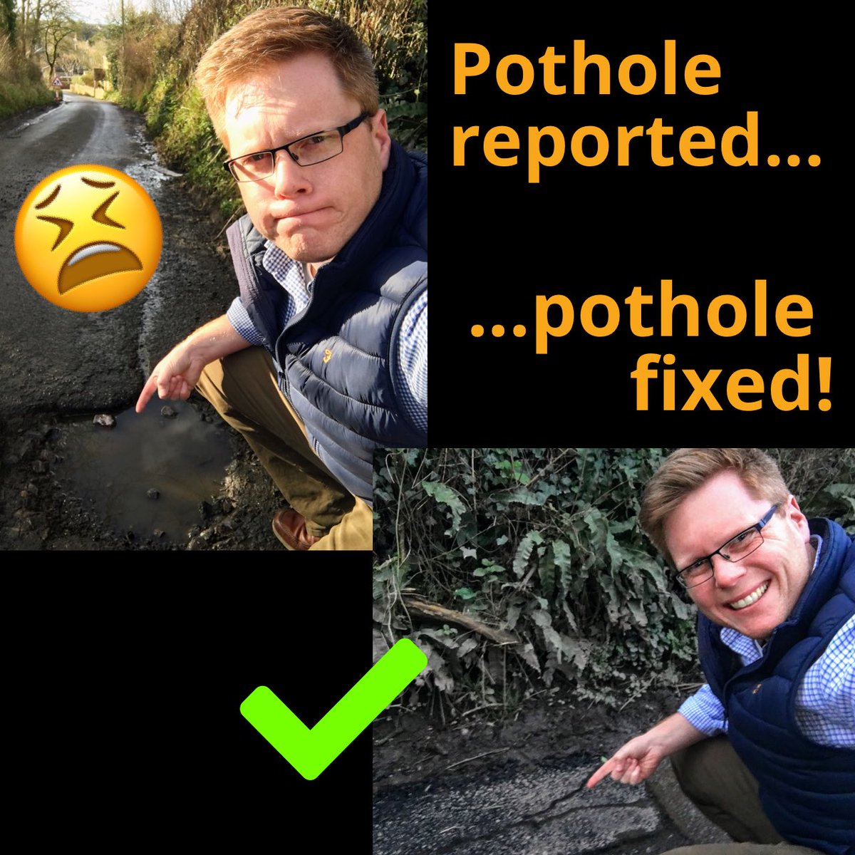 LibDemPatrick's tweet image. 🔶 Peak Lib Dem-ery: getting a really bad pothole fixed in my ward within 3 days of reporting it, whilst pointing at both before AND after pics! #libdemspointing #libdemsworking4u