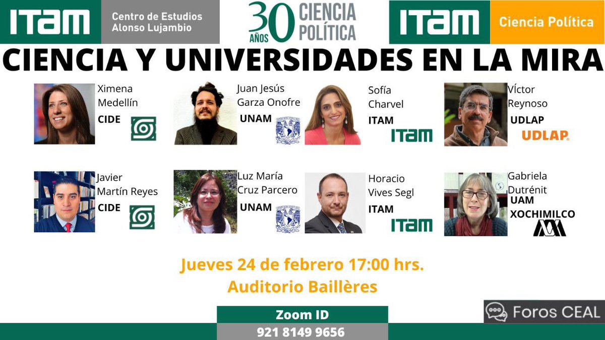 jmartinreyes's tweet photo. El próximo jueves discutiremos en el @ITAM_mx sobre el estado de la libertad académica en México.

Qué honor compartir mesa con brillantes colegas del @CIDE_MX, @UNAM_MX, @ITAM_mx, @udlap y @Yo_SoyUAM.

📆 24 de febrero
⏰ 17:00 horas
📺 Zoom ID: 921 8149 9656 https://t.co/wQQ8bNBPxD
