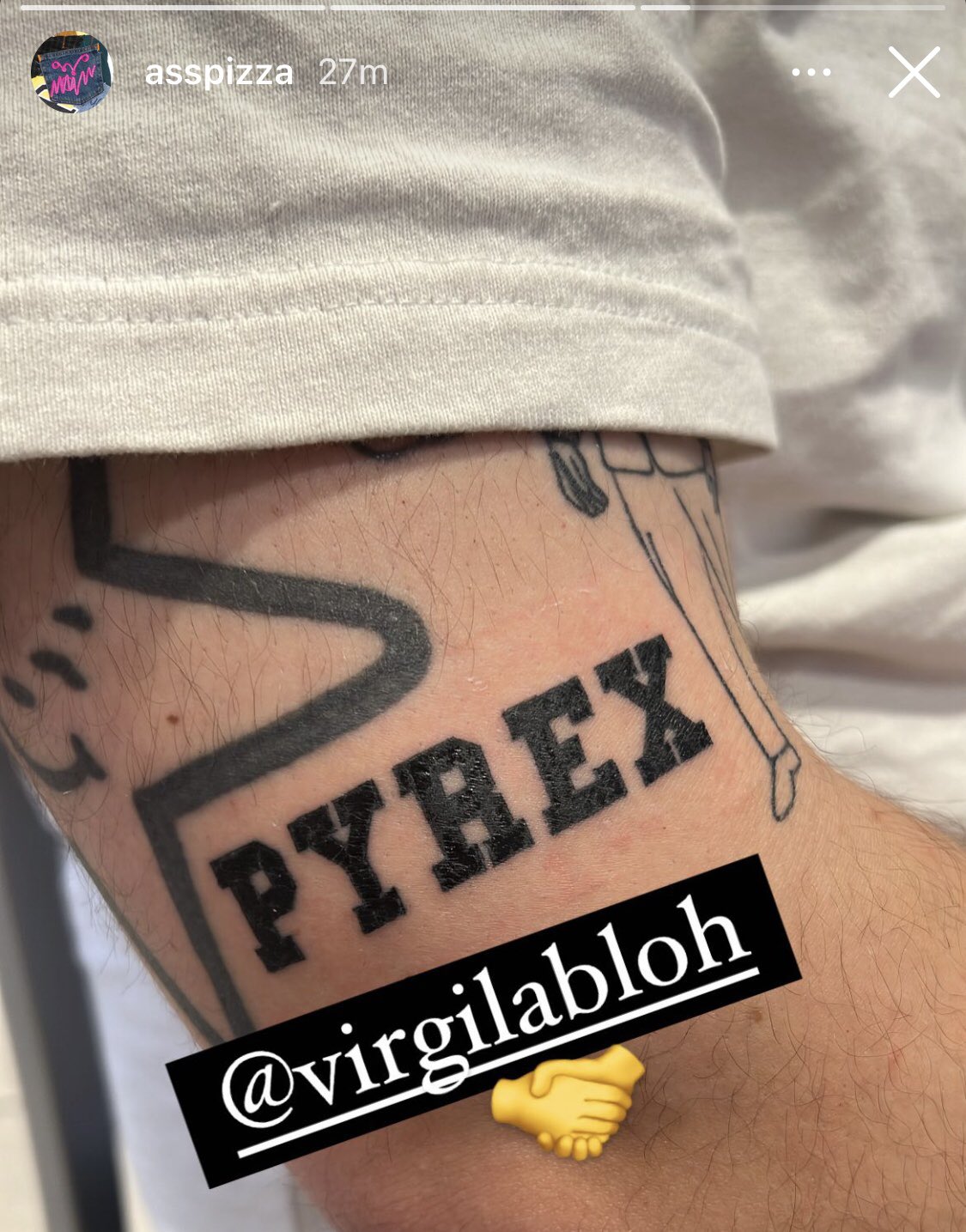 GROUNDEAD on X: ASSPIZZA gets 'PYREX' tattoo in honor of Virgil Abloh 🕊   / X