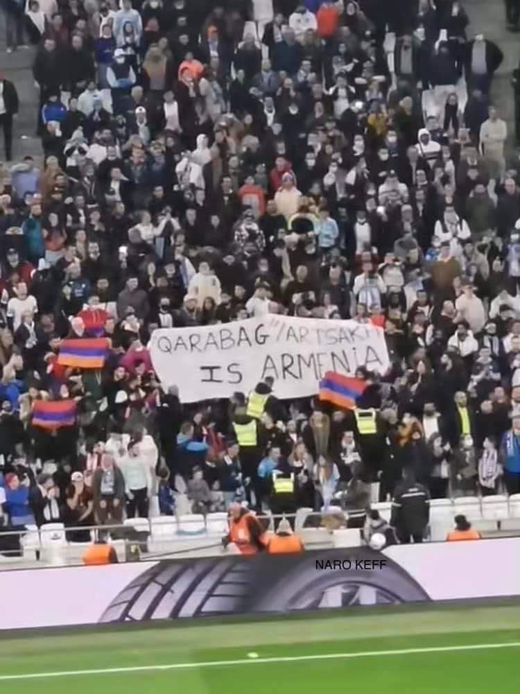 FRANORSEROUND's tweet photo. Notre banderole ce soir pour le match entre l’OM et le FK Qarabag. 

« QARABAG / ARTSAKH IS ARMENIA » 🇦🇲 https://t.co/okik2fnRQB