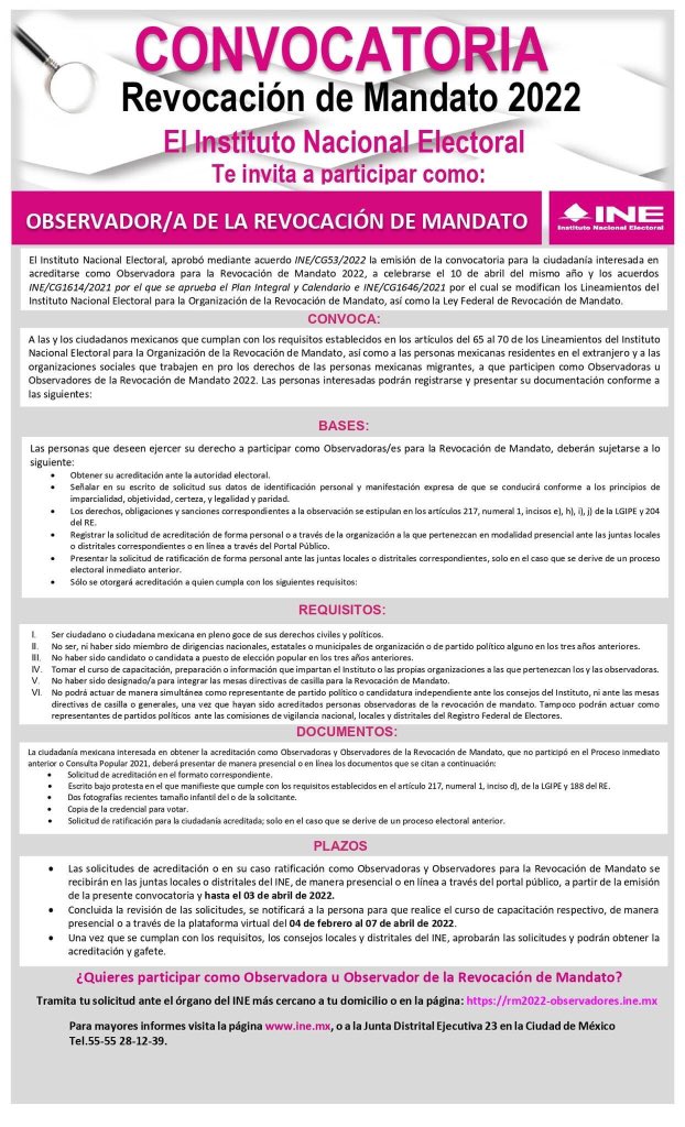 adrisrubi's tweet photo. Convocatoria 
Revocación de Mandato 2022

El Instituto Nacional Electoral te invita a participar como: Observador/a de la revocación de mandato
🔗Más información https://t.co/BQbp6ttwCI 
📝Solicitud https://t.co/DDHXUfvAtu 

|| #ObservadorElectoral #INE https://t.co/aw3hMy5N0S