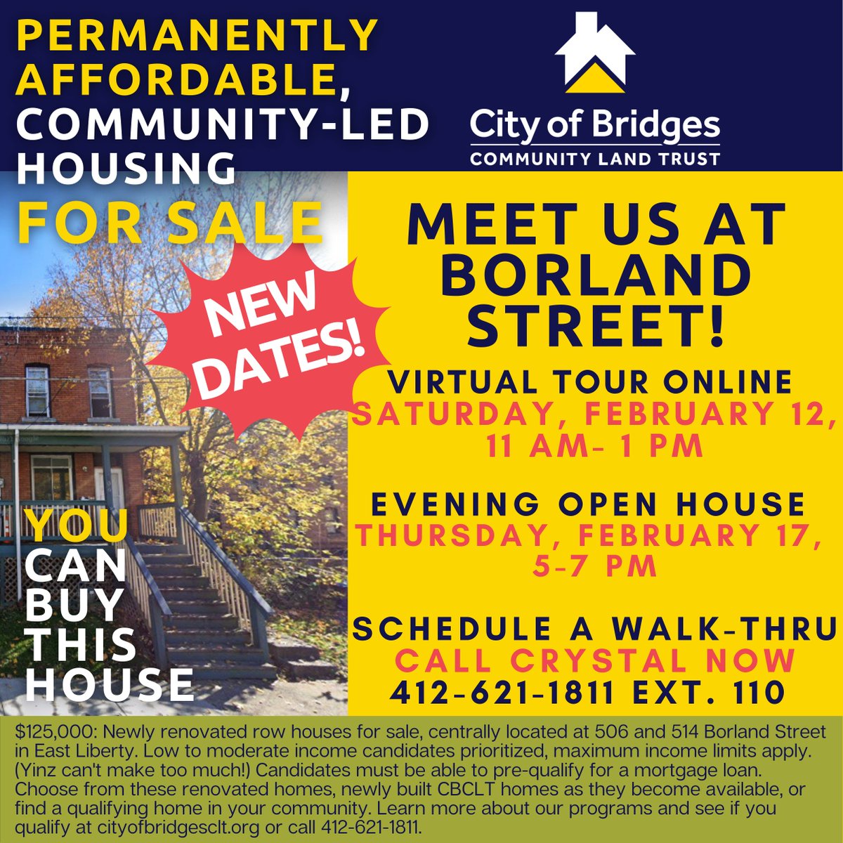 citybridgesclt's tweet image. WE&apos;RE HERE! Want to check out our homes for sale on Borland Street? Join us NOW, Thursday 2/17 until 7 PM tonight, for an evening open house! Can&apos;t make it tonight? Call 412-621-1811 ext. 110 to schedule an appt.!
#WelcomeHome #AffordableHousing #FightDisplacement