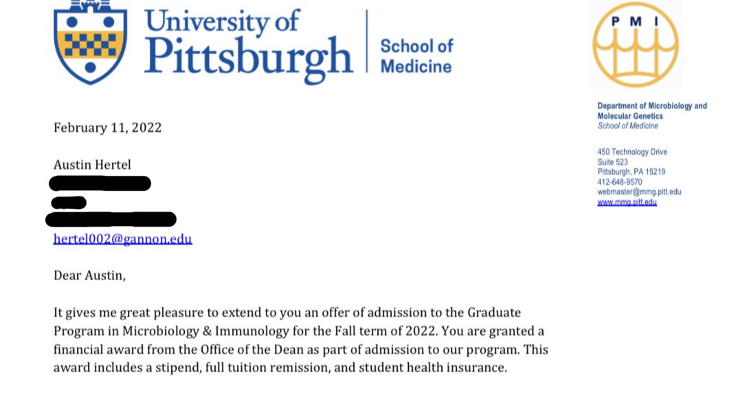 austin_hertel's tweet photo. I am honored to announce that I have accepted an invitation from @Pitt_PMI to pursue a Ph.D. in Microbiology &amp; Immunology! 

As a first-generation student, I never thought it possible that I would be in this position today. Thank you to all that have helped along the way. 🤝 #H2P https://t.co/uOxGz3BAF3