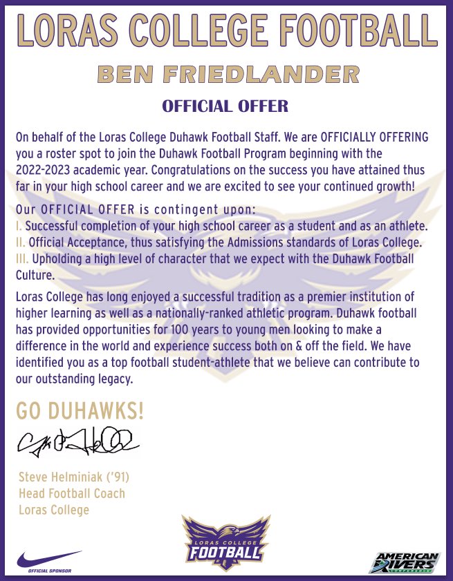 After a great conversation with <a href="/CoachHLorasFB/">Steve Helminiak</a> I am very grateful to announce that I have received an offer from Loras College! <a href="/Coach_Martello/">Riley Martello</a> <a href="/litten_andy/">Andy Litten</a> <a href="/Bjwhitener47/">Coach Whitener</a> <a href="/hzfbfamily/">Horizon Football</a> @HumanMovemntPro