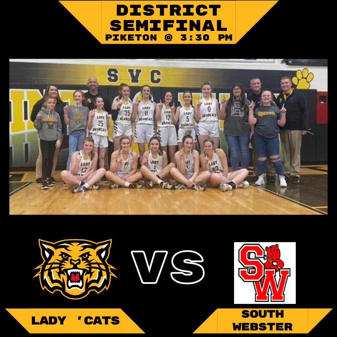 🚨🚨 DISTRICT SEMIFINAL 🚨🚨

Come on out to Piketon to cheer on your Lady 'Cats!

🆚 South Webster Jeeps

🕟 3:30 PM

📍 Piketon High School (1414 Piketon Rd, Piketon, OH 45661)

🖥youtube.com/channel/UCM_wY…

#SOSA #SVCSportsTalk