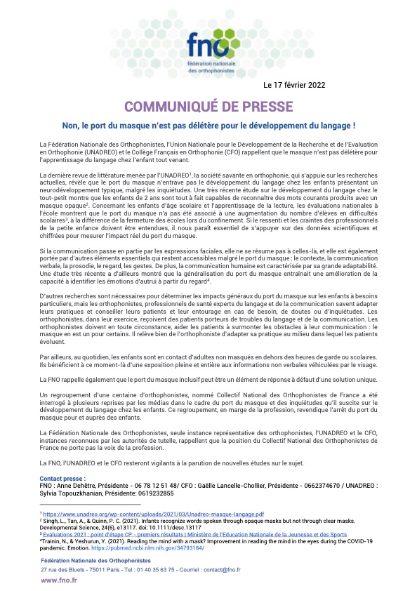 Mardi, le Collectif National des Orthophonistes de France demande la fin du masque pour les enfants.

Il est "en marge de la profession" et "le masque n'est pas délétère pour l'apprentissage", répond la Fédération Nationale des Orthophonistes, "seule organisation représentative".
