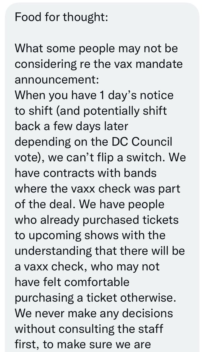 BarredinDC's tweet photo. Concert venue in DC shared with me some thoughts about the mandate, sheds some light on some of the considerations at play right now https://t.co/LVteW28Quv