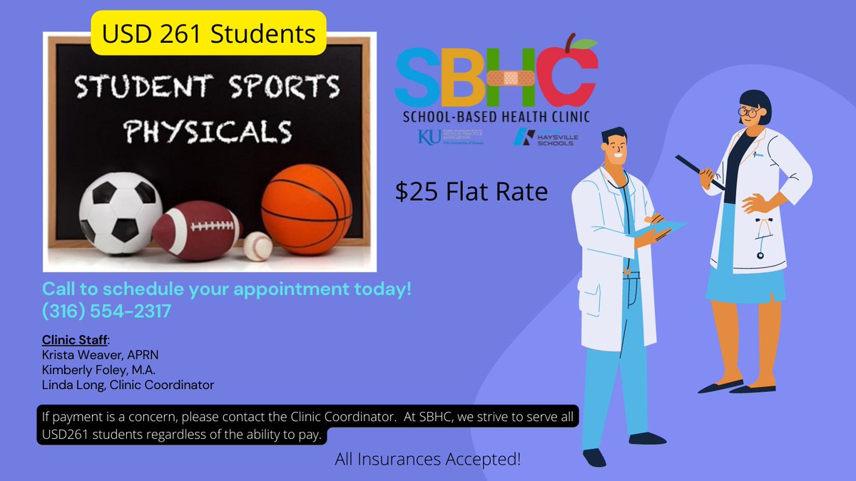 SBHC_USD261's tweet photo. β½οΈπ₯β³οΈSpring Sport Athletes:
Do you have a currrent physical to participate in upcoming tryouts? No!? Call the SBHC to schedule your athlete's visit!
@SBHC_USD261 @USD261 #SBHC261 #USD261derful @HaysvilleMS_AD @HWMSAthletics @Haysville_Hawks @HWMSGorillas @ColtsAD @CampusColts https://t.co/C81KahQBh5