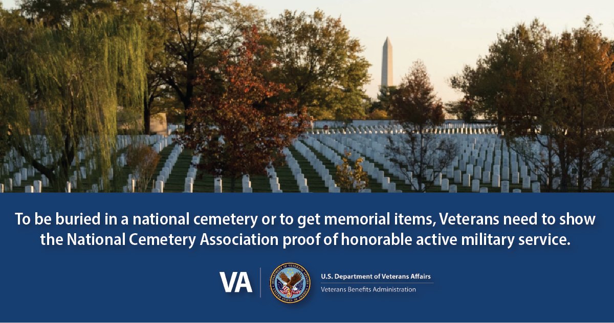 VAVetBenefits's tweet photo. To be buried in a national cemetery or get memorial items, you need to show the National Cemetery Administration (NCA) proof of honorable active military service.
Find out which documents the NCA accepts here: https://t.co/bh4CNtaEf4
#NationalCemetery | #HonorableService https://t.co/AYsJjrRDfW