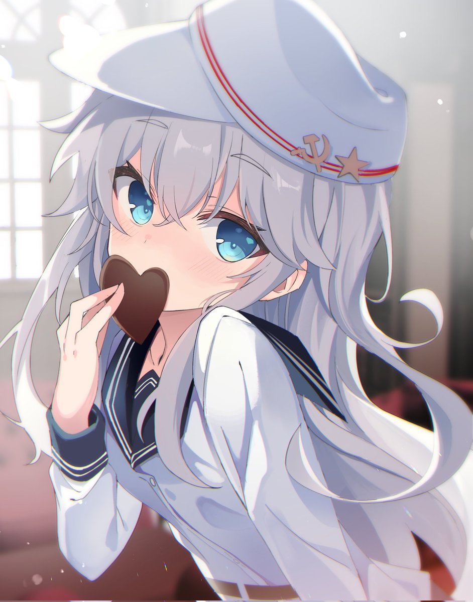 hibiki (kancolle) ,verniy (kancolle) 1girl long hair solo blue eyes food hat sailor collar  illustration images