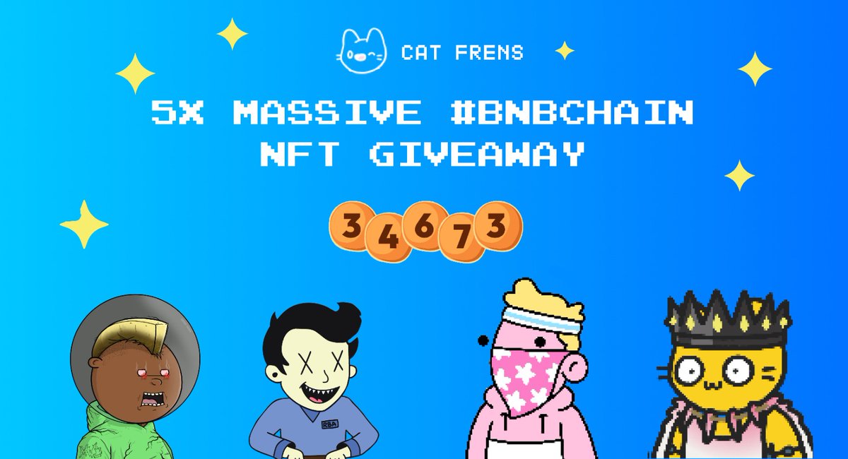 petfrensorg's tweet photo. MASSIVE #BNBChain #NFT Giveaway🌠⭐️

1x @RetroBoyzAss #2620
1x @TheMoonWC #3514
1x @doodlezBSC #1854
1x @sweetstacksnft 
1x CF Free Mint

Follow @CatFrensBSC🐈
RT😺
Tag 3 Frens😻
Join Tg: https://t.co/JFucNVyXgw

👋Let's be #Frens! 5 Winners in 48 hr.
#NFTGiveaway $BNB #BSC #NFTs https://t.co/WAGk1CH3rE