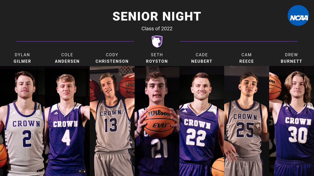 CrownCollegeMBB's tweet photo. Tomorrow night is Senior Night! Tip-off is at 7:15pm. We will be honoring our 7 seniors (3 of them might be back next year). It’s a BLACKOUT at the WAC! https://t.co/TXWixvTnPj