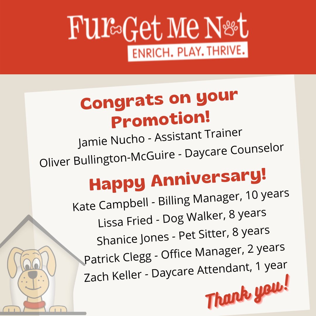 Congratulations to these employees celebrating a promotion and/or anniversary in the month of February. Thank you for your dedication and service! Great job everyone! Cheers to you! 🎉 🐾⁠ #animallovers #workforus #wearehiring #dogwalker #dogtrainer #dogdaycare #arlingtonva