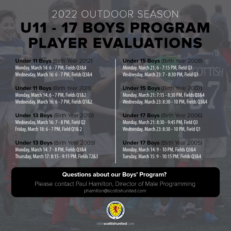scottishunited's tweet photo. The 2022 Outdoor Season is just around the corner and we're excited to announce our open house and player evaluation dates.

Registration is required to attend these sessions, so make sure to click through on the link cards below!

#BrawClubFitba #GoTartans