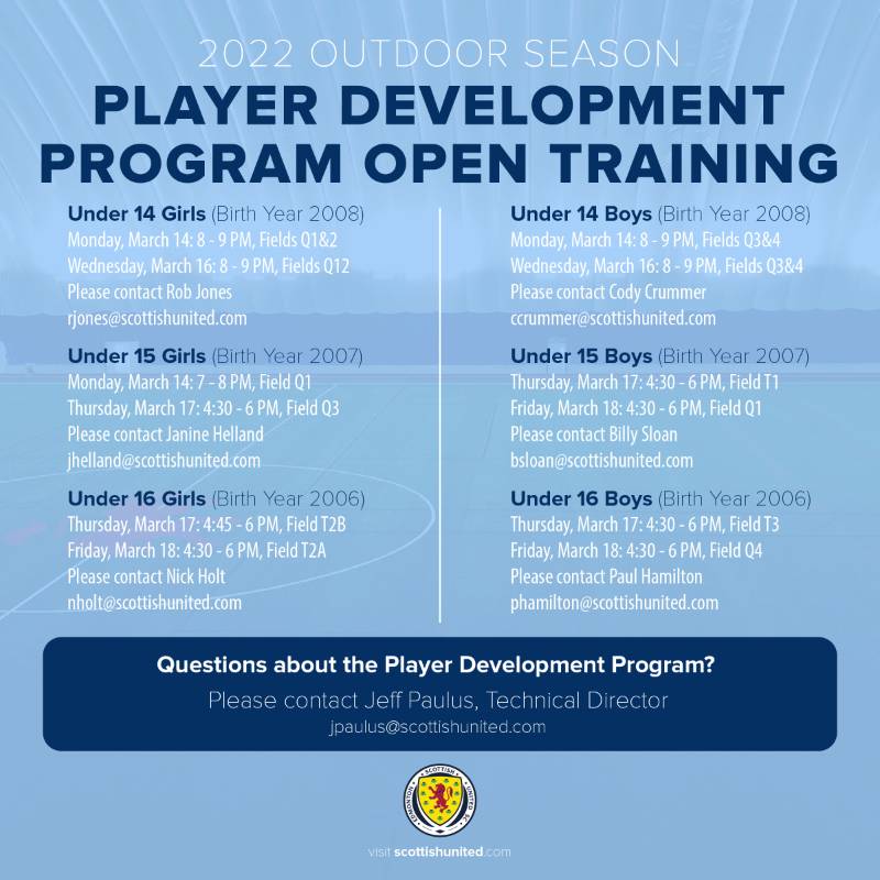scottishunited's tweet photo. The 2022 Outdoor Season is just around the corner and we're excited to announce our open house and player evaluation dates.

Registration is required to attend these sessions, so make sure to click through on the link cards below!

#BrawClubFitba #GoTartans