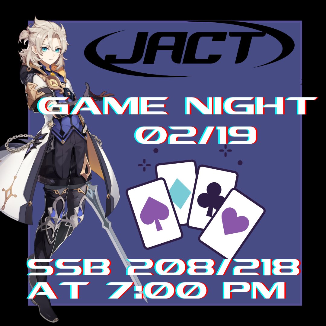 jact_fsu's tweet photo. Hello everyone,

We will be having a game night this Saturday, February 19th, at 7:00 PM in the Student Services Building (SSB)’s room 208 / 218. Feel free to bring in any console games or board game you would like to play.

Hope to see you at the meeting! https://t.co/jAb5WbAP69