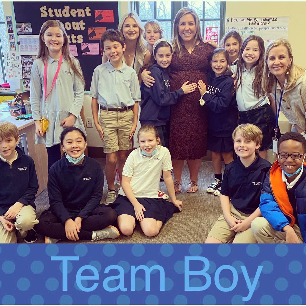 My wonderful class threw me such a lovely baby shower today! 💙💖 I got some great Mom advice, learned some baby trivia, and then we picked a side 🤰🏻💙💖🤷🏻‍♀️ #lovethem #trinitylearns