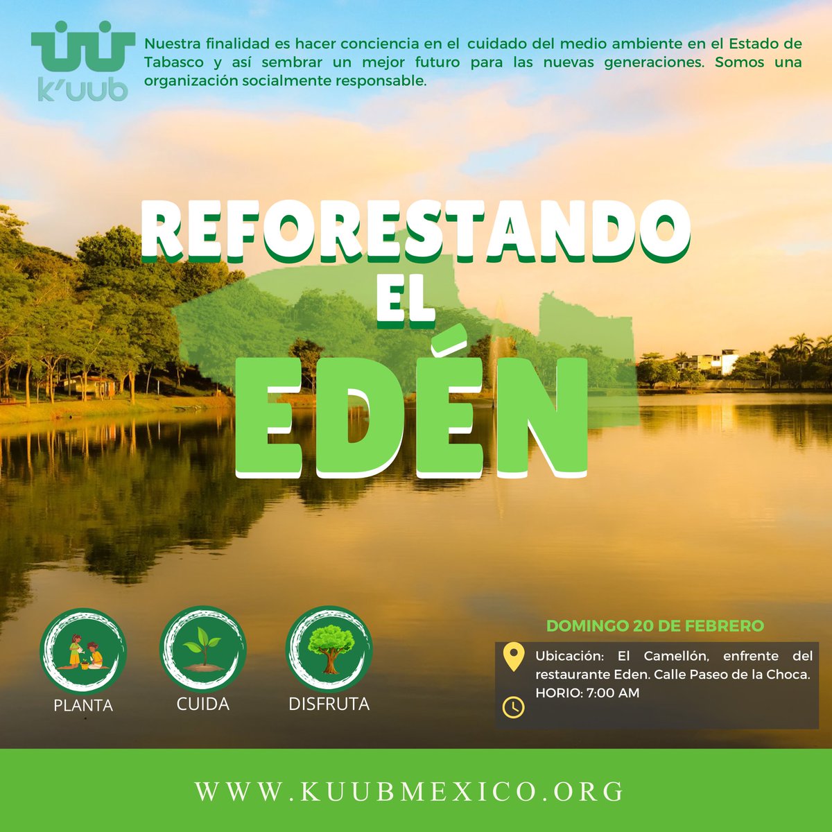 KuubMx's tweet photo. Nos vemos este domingo 20 de febrero en el camellón frente al restaurante Edén, para reforestar  y crear conciencia en la comunidad tabasqueña. 🌳

@HolachiotTab @inundeishon @XEVATabasco  @memelasdetabasc  @candyflipmx https://t.co/FTONF8DZZI