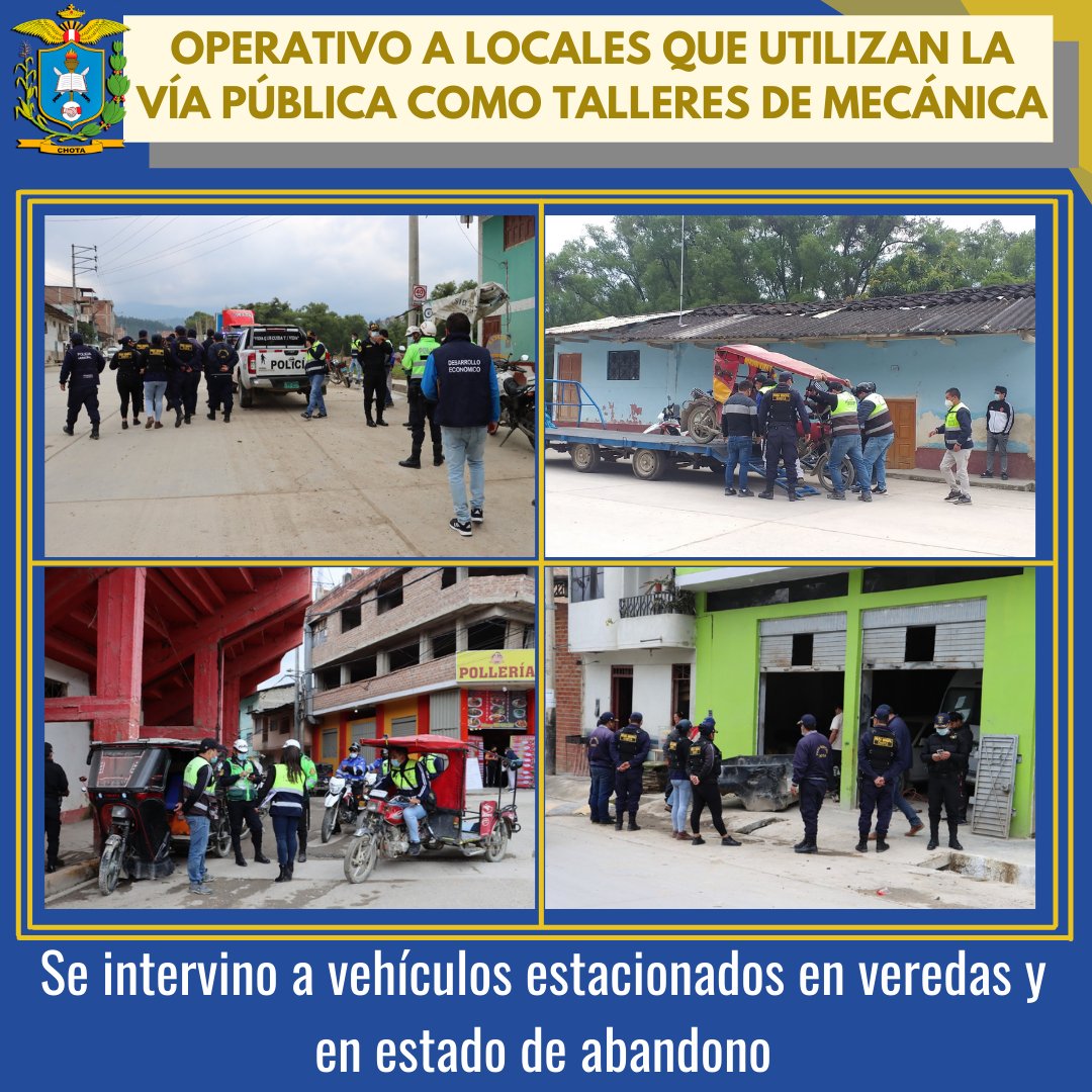OPERATIVO A LOCALES QUE UTILIZAN LA VÍA PÚBLICA COMO TALLERES DE MECÁNICA
Con la finalidad de ordenar la transitabilidad y prevenir cualquier posible accidente de tránsito o peatonal; la Municipalidad Provincial de Chota, procedió a efectuar el primer operativo a estos talleres.