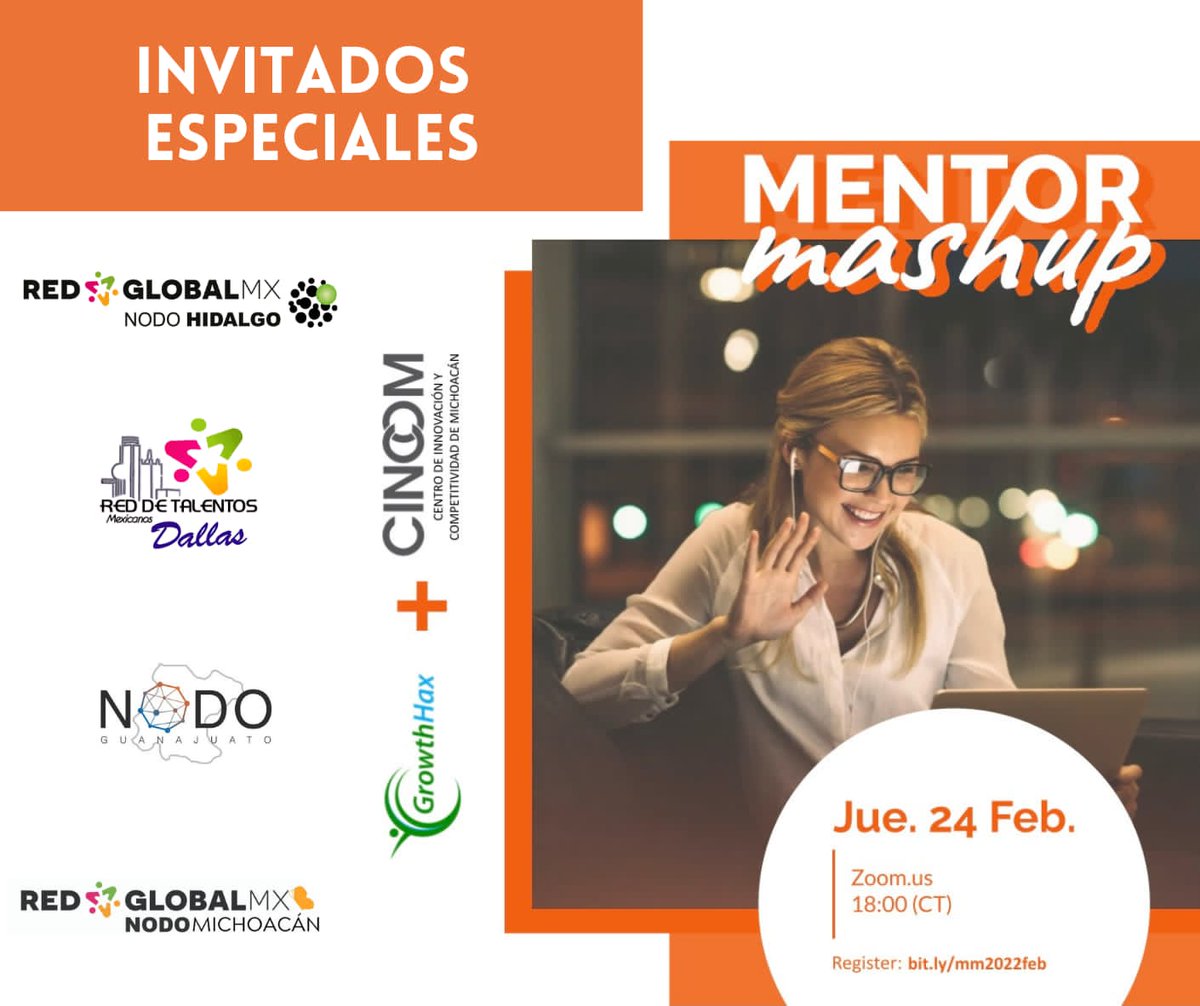 NodoHidalgo's tweet photo. MENTOR mashup #Michoacán 🔥🔥 
🚀 ¿Necesitas ayuda para lanzar o hacer crecer tu Negocio / Startup? 
Recibe asesoría de Alta Calidad por parte de nuestra red global de mentores.  🚀
⏰18:00 h de CDMX 
🗓jueves 24 de febrero 
Regístrate en el siguiente link
https://t.co/FrtRaC99DZ https://t.co/2Ou5QS9J4x