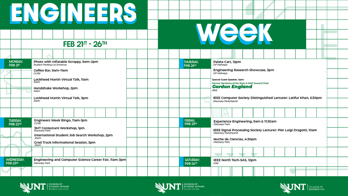 UNTEngineering's tweet photo. Hey, engineers! It's a big week for y'all next week! 🤩 

We've got a lot planned for #EngineersWeek2022, ranging from coffee and bingo to the Career Fair to an amazing guest lecture from the Former Secretary of the Navy! 
 
https://t.co/XLLoGxtwaG https://t.co/svxmJanhwc