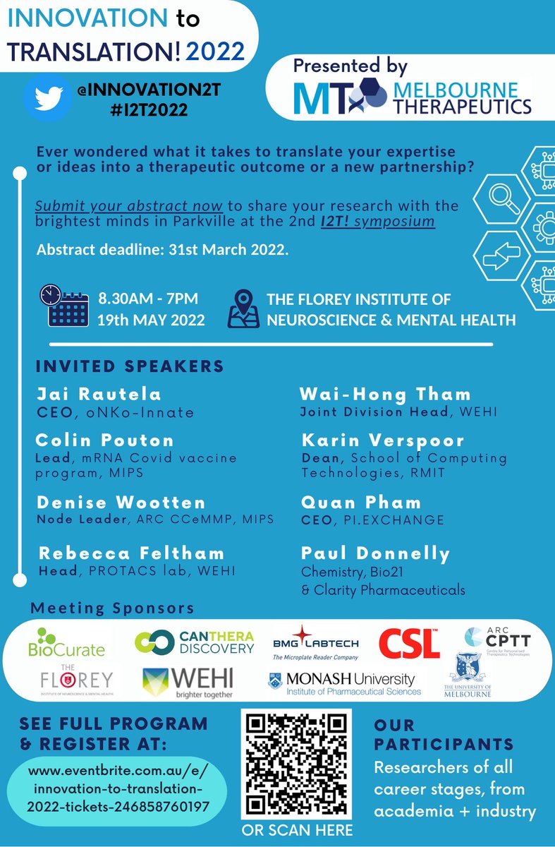 MTx is very excited to announce that the Innovation to Translation! symposium is back in 2022! May19th <a href="/TheFlorey/">The Florey</a>. We have a great list of speakers and want to hear about your translational research. For speakers, abstract submissions, reg &amp; more info:  eventbrite.com.au/e/innovation-t….