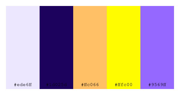 ColPaletteBot's tweet photo. Beep beep, here's a pretty color palette for you!
color-scheme.js parameters used:
- hue: 268
- variation: hard
- colors: #ede6ff, #1d025d, #ffc066, #fffc00, #9569ff
Have a lovely evening!
#twitterbot #colorpalette #colors #palette #prettycolors https://t.co/KKRsYoxTJA