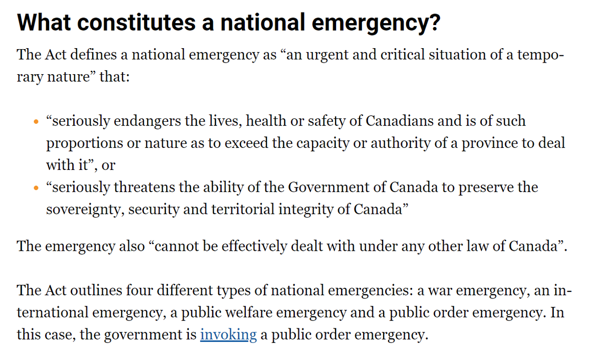 33/ But this is not what is happening today in Canada.The state has invoked its Emergencies Act which is defined below.It seems a bit ambitious to imagine that the protests exceed the capacity of a province to deal with it or threaten the sovereignty of Canada, but...