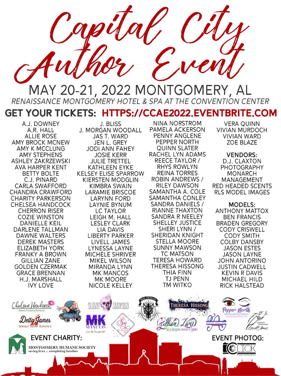 Capital City Author Event
Montgomery, AL
May 20-21, 2022

Get your Tickets here: ccae2022.eventbrite.com

Reader Group: facebook.com/groups/CCAERea…
Facebook Like Page: facebook.com/CapitalCityAut…
Email: CapitalCityAuthorEvent.MGM@gmail.com — with Michelle Rls Sewell and Tammie Smith.