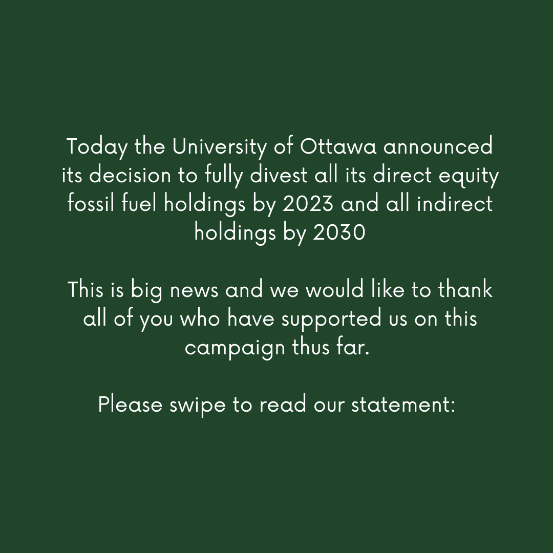 CUottawa's tweet photo. BIG NEWS: uOttawa has committed to divestment by 2030. Thank you to everyone in the uOttawa community and beyond for helping us advocate for this critical decision. Please read our statement below. https://t.co/9IcLndNNkR