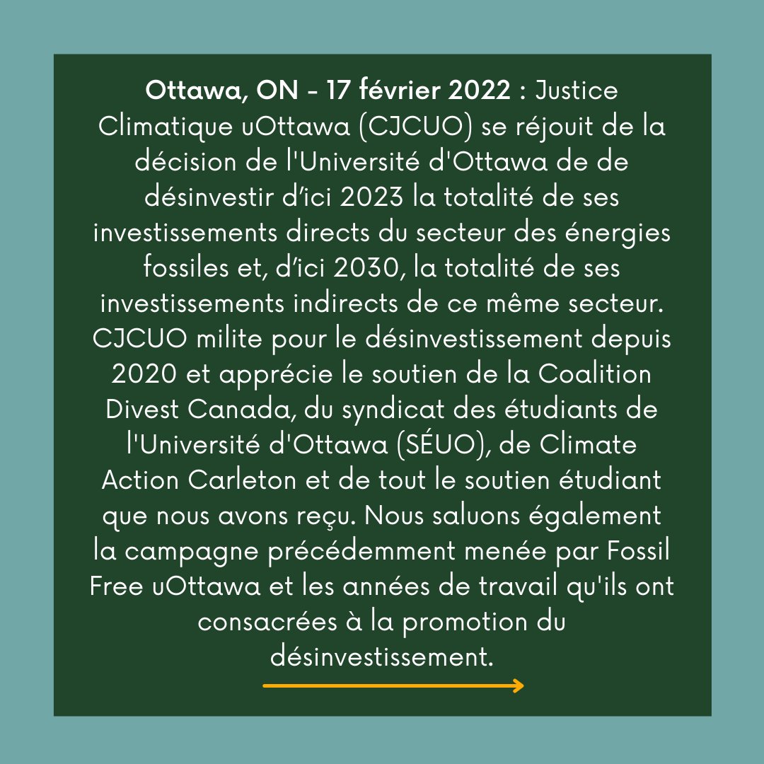 CUottawa's tweet photo. GRANDE NOUVELLE : l'Université d'Ottawa s'est engagée à désinvestir d'ici 2030. Merci à tous les membres de la communauté de l'Université d'Ottawa et d'ailleurs qui nous ont aidés à défendre cette décision cruciale. Veuillez lire notre déclaration ci-dessous. https://t.co/pugrHKhysr