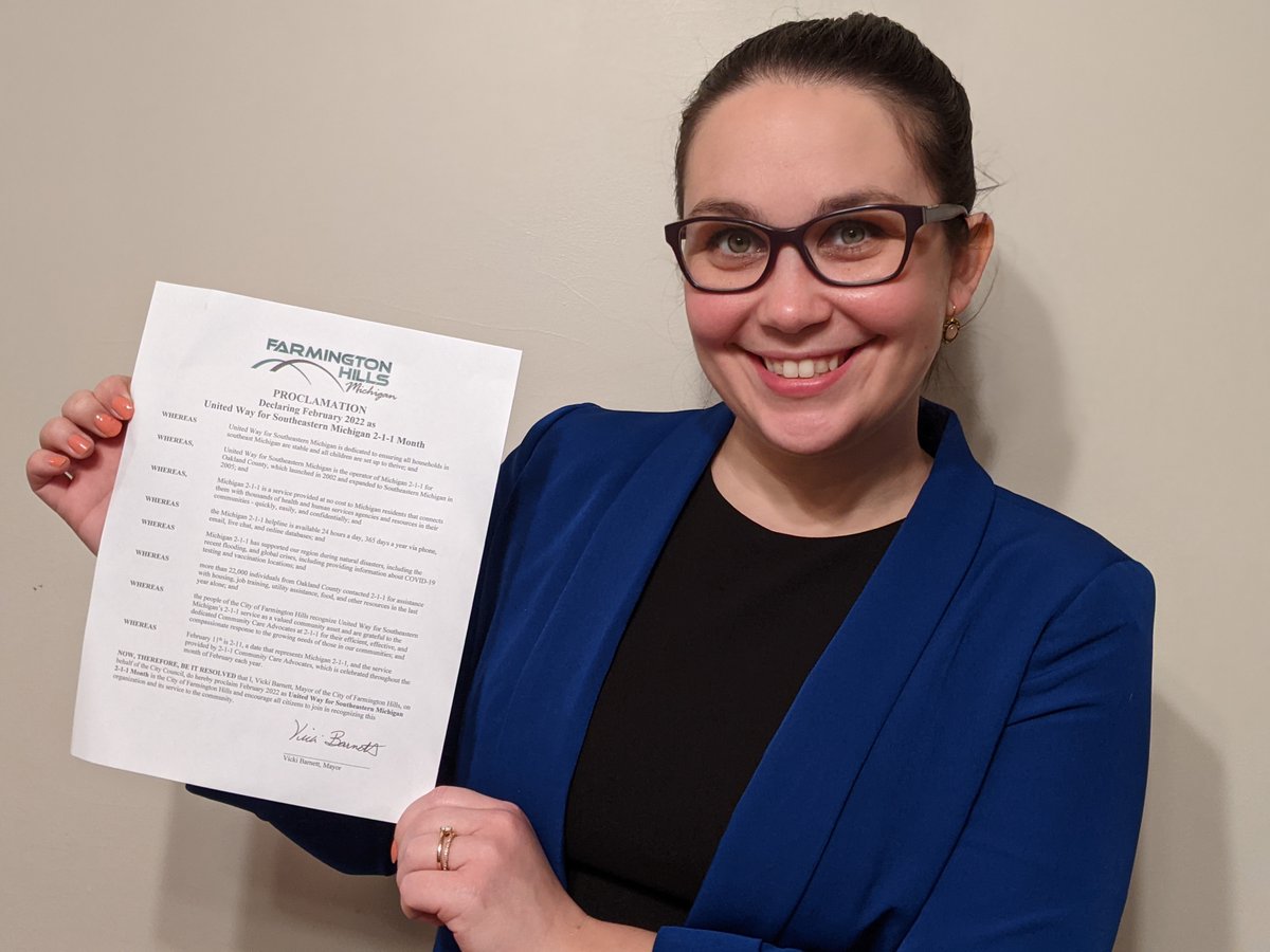 UnitedWaySEM's tweet photo. We spotted our policy director @CassieHare in FH! A huge thank you to Mayor @vickibarnett, and #FarmingtonHills City Council for signing a resolution recognizing 2-1-1 as a valuable community asset and joining us in celebrating February as 2-1-1 Month! 🎉 #Team211 #LiveUnited https://t.co/bPRHw30qta