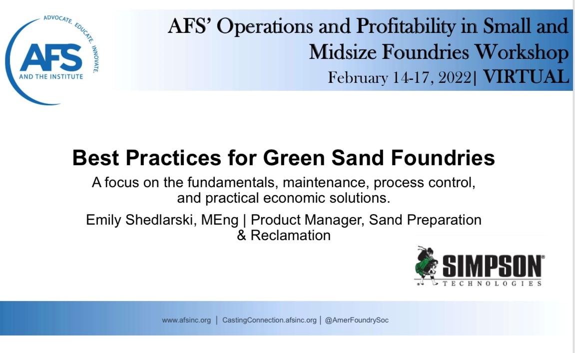 Simpson_Group's tweet photo. Simpson presented at the AFS Operations and Profitability in Small and Midsize Foundries Virtual Workshop today. Our topic: Best Practices for Green Sand System Control
#foundryindustry #foundryequipment https://t.co/35u4BvGKP5