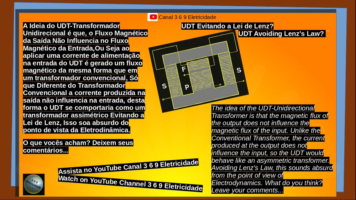 369eletricidade's tweet photo. UDT Evitando a Lei de Lenz?
A Ideia do UDT-Transformador Unidirecional é que, o Fluxo Magnético da Saída Não Influencia no Fluxo Magnético da Entrada,Ou Seja ao aplicar uma corrente de alimentação na entrada do UDT é gerado um fluxo magnético da mesma forma,,, #freeenergy #fisica https://t.co/Ny9Dbs2CTs