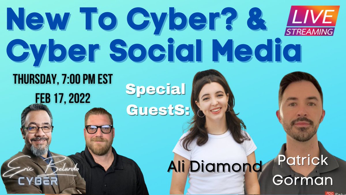 CyberWarriorSt1's tweet photo. #NewBattlefields will be LIVE in 30 Min on Eric Belardo Cyber's YouTube Channel we will be discussing being NEW to #cybersecurity and how to navigate #CYBER Social Media!
Hosts: @ebelardo73 & @CyberWarriorSt1
Guests: @endingwithali & @Infosecpat https://t.co/aaq7gJmths