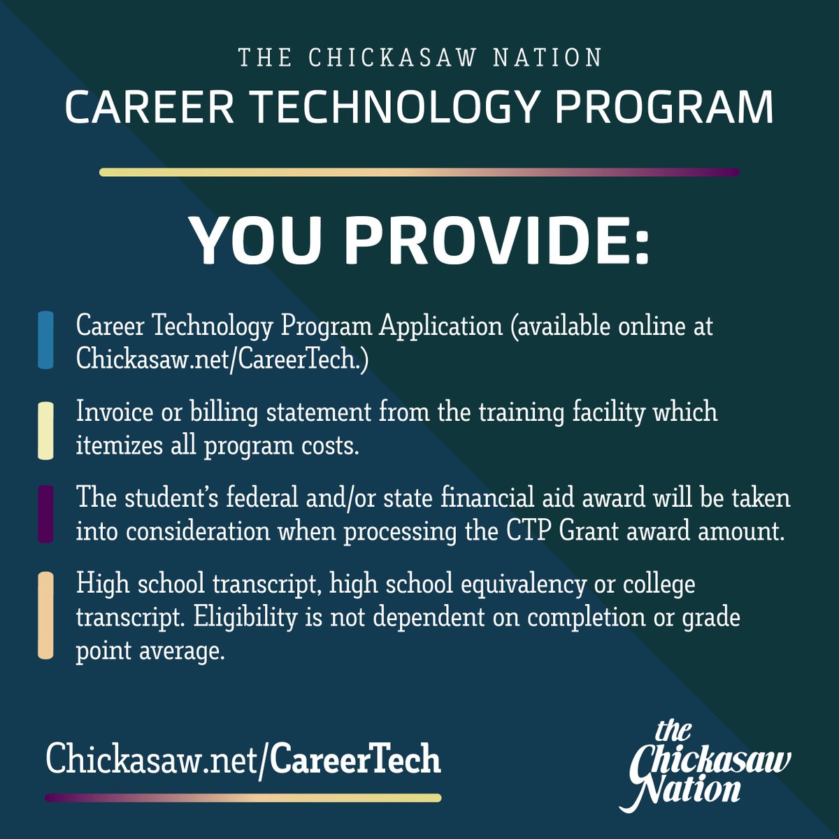 Part-time and full-time Chickasaw students attending a state or nationally accredited career technology center, trade school or private licensed training facility can receive assistance with tuition, fees, licensing and certification exams, licensure fees textbooks, and supplies.