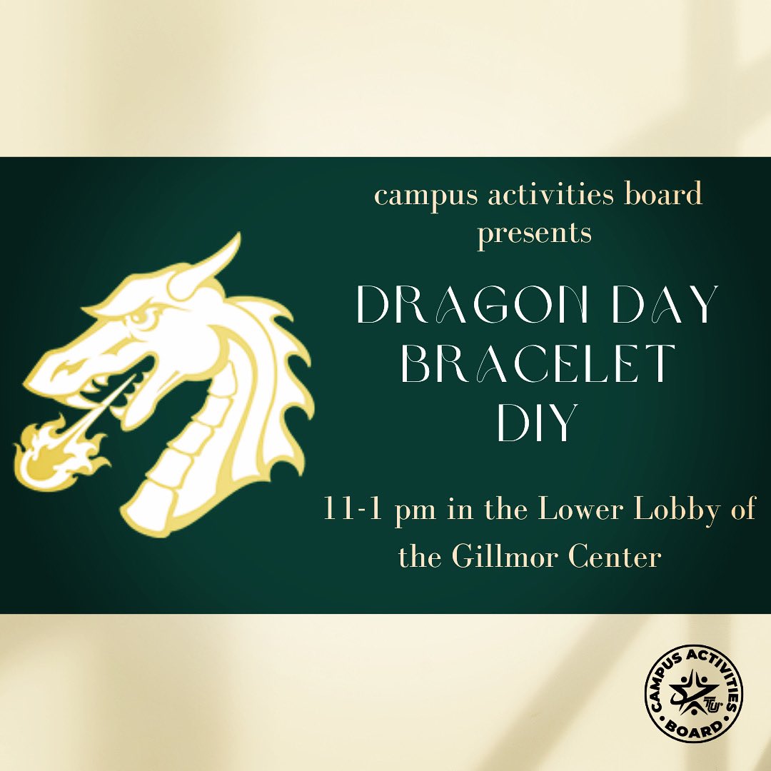 Join us tomorrow for our special Dragon Day Bracelet DIY. We will be set up I. The lower lobby of the Gillmor Center. Hope to see you there!