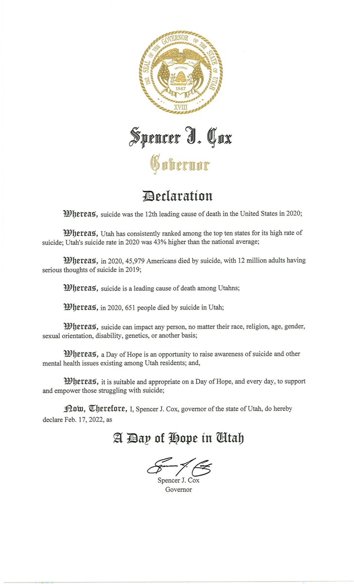 We're declaring today as A Day of Hope in Utah to raise awareness about suicide and other mental health issues affecting Utahns.

If you or a loved one is in crisis, know that help is available. Call 1.800.273.8255 or visit liveonutah.org.